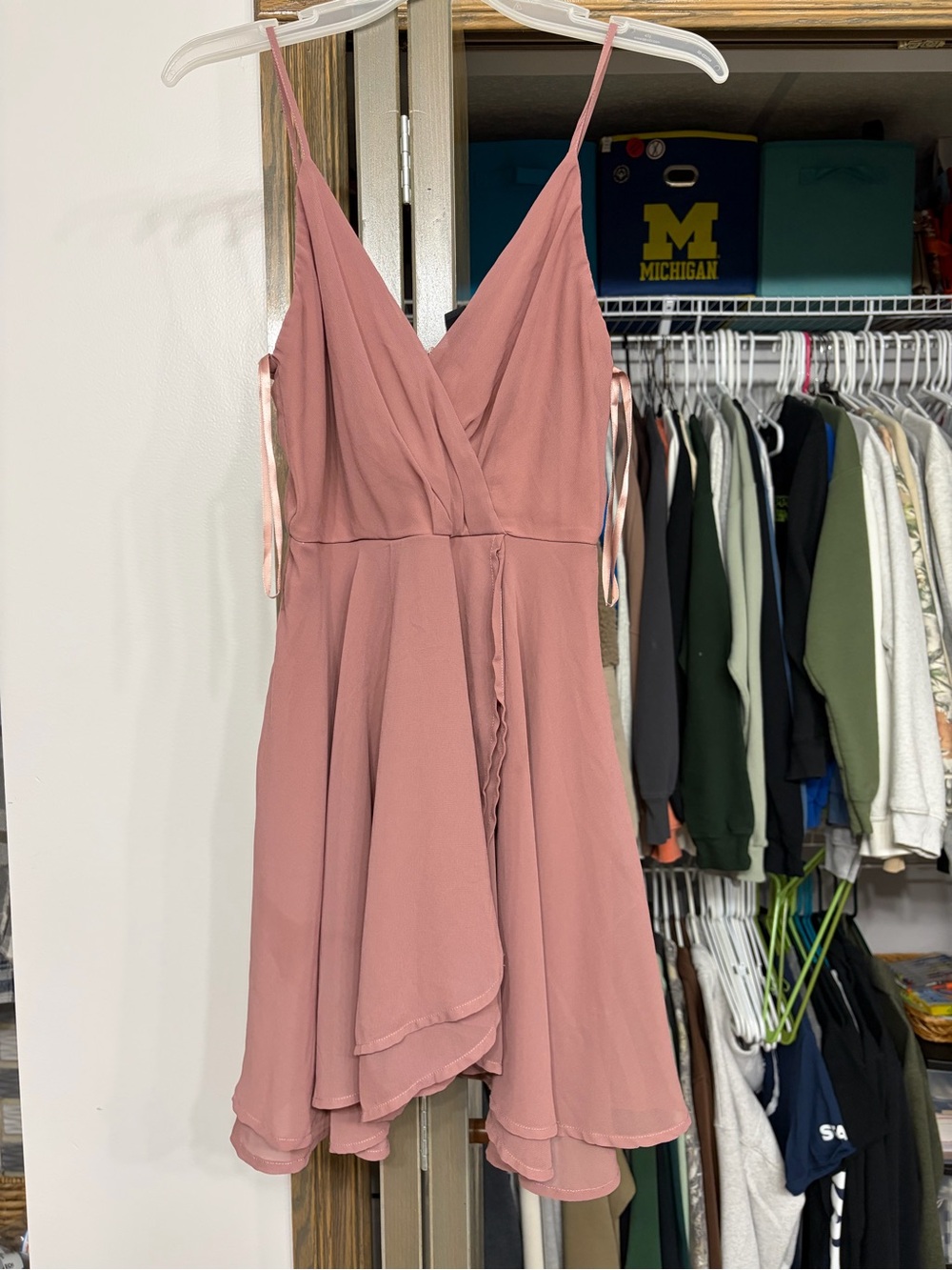 Windsor Dusty Rose Asymmetrical Spaghetti Strap Wrap Dress